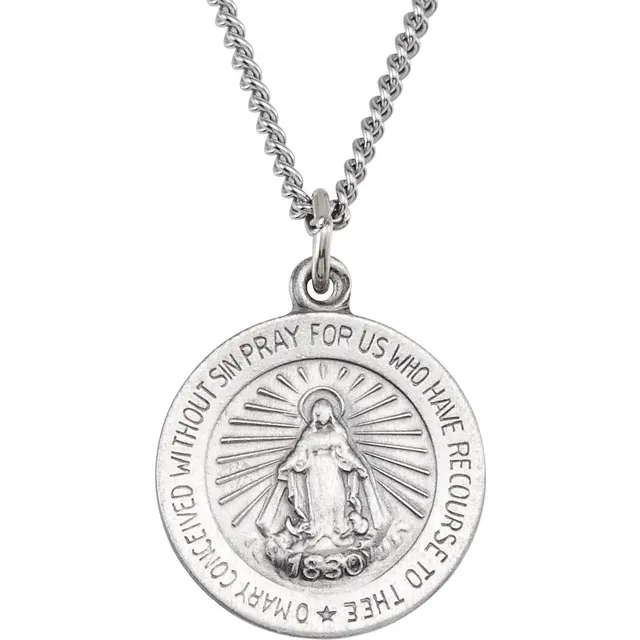 (image for) Sterling Silver 18 mm Round Miraculous Medal 18" Necklace